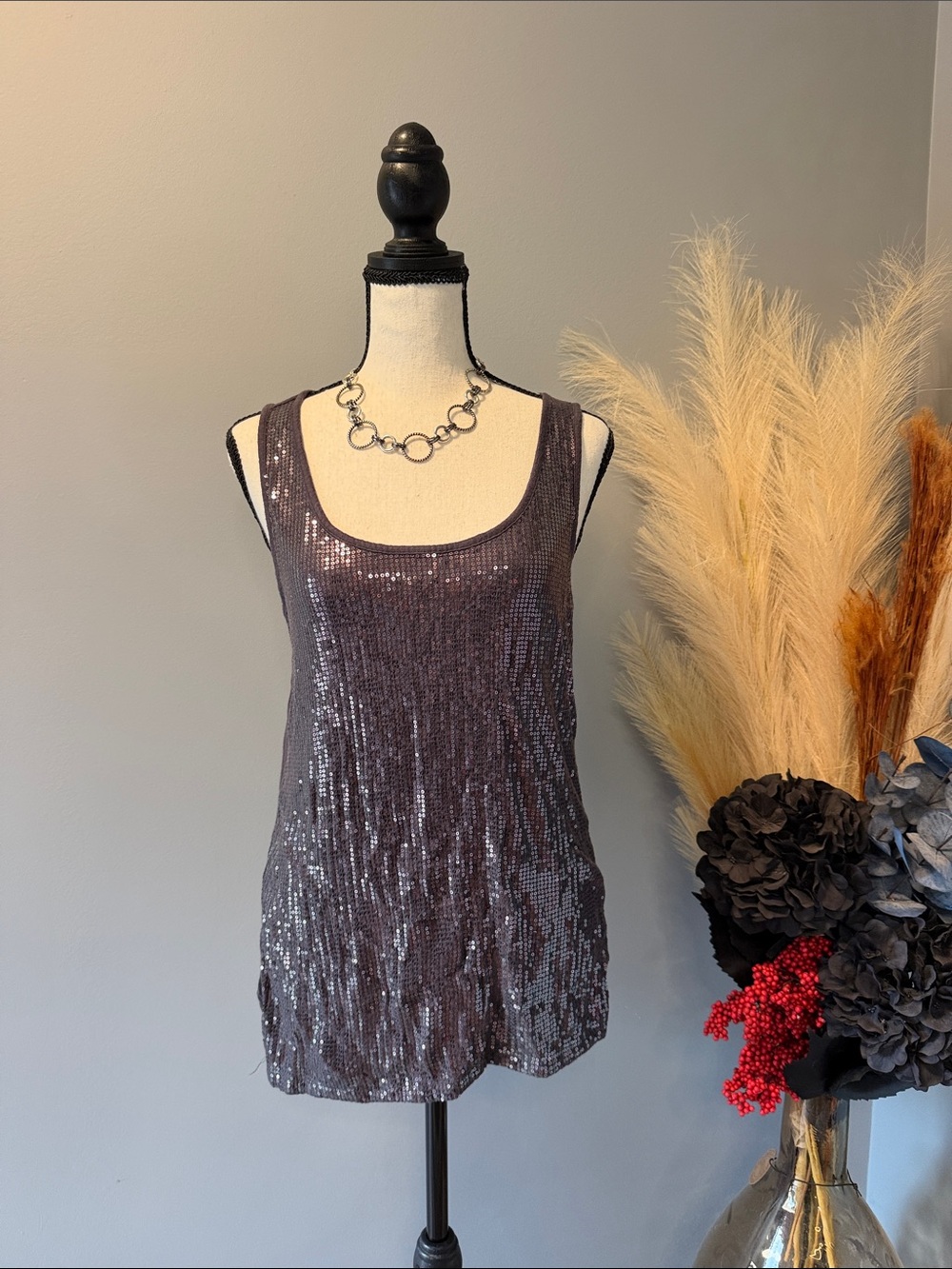 Studio Y Black Sequin Scoop Neck Muscle Tee